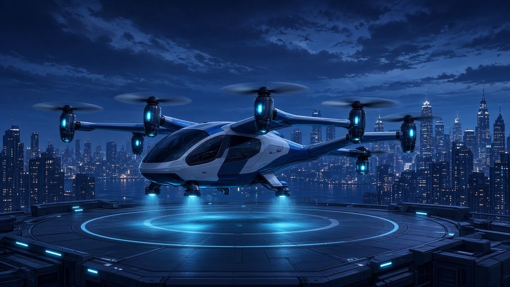 Illustration: a generic eVTOL air taxi taking off from a rooftop vertiport at night