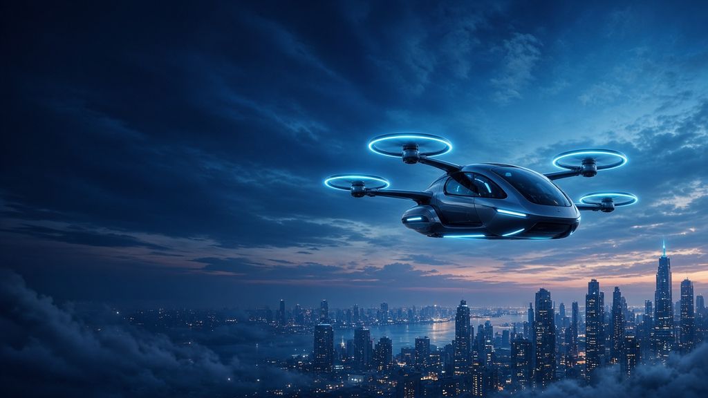 Illustration: a generic flying car with glowing rotor rings over a city skyline at dusk